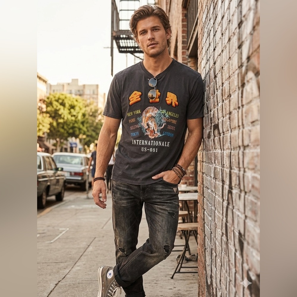 Guess Charcoal Crewneck Tee with Logo